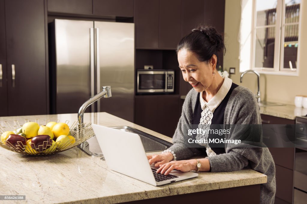 Fashionable mature woman using laptop