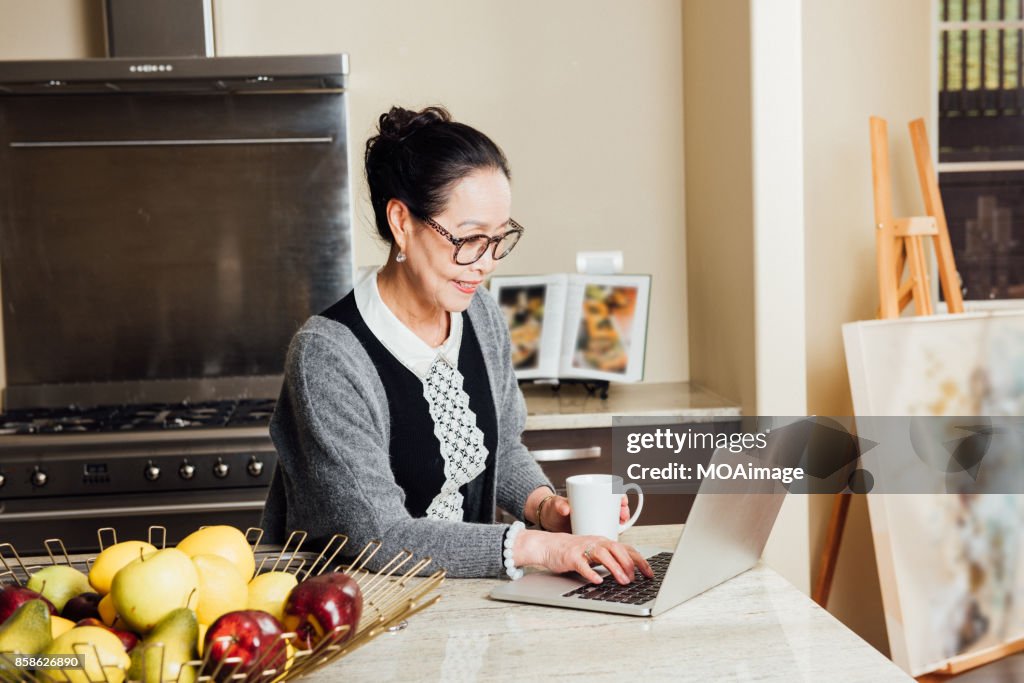 Fashionable mature woman using laptop