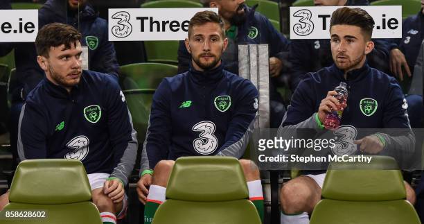 Dublin , Ireland - 6 October 2017; Republic of Ireland players, from left, Scott Hogan, Conor Hourihane and Sean Maguire during the FIFA World Cup...