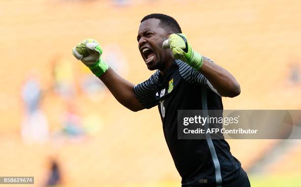 South Africa's Itumeleng Khune celebrates his team's goal against Burkina Faso during the World Cup 2018 qualifier football match at the city stadium...