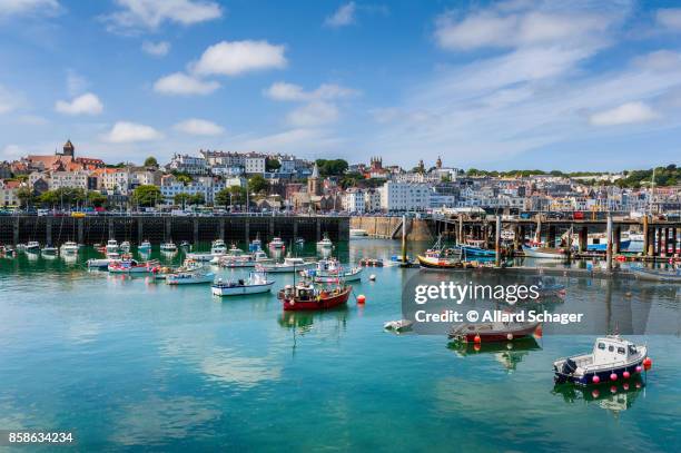 harbour and skyline of saint peter port guernsey - guernsey stock pictures, royalty-free photos & images