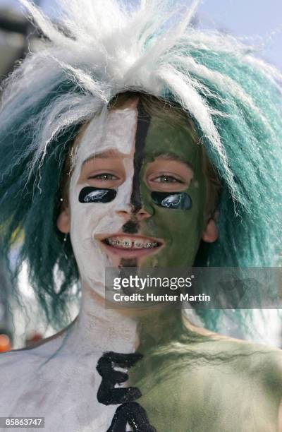 An Eagles fan wears his team colors before the game between the Dallas Cowboys and Philadelphia Eagles at Lincoln Financial Field in Philadelphia,...