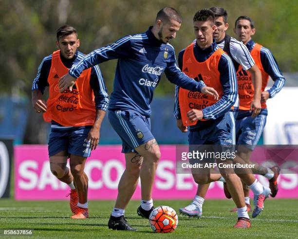Argentina's forward Dario Benedetto takes part in a training session in Ezeiza, Buenos Aires on October 7, 2017 ahead of a 2018 FIFA World Cup South...