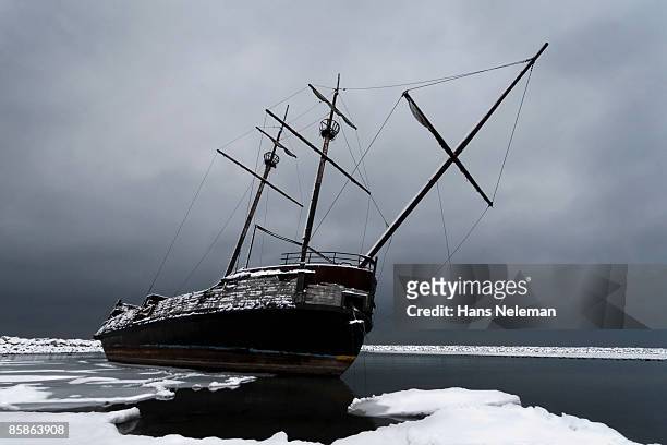 a ship wreck at the shore of lake ontario. - navio fantasma imagens e fotografias de stock