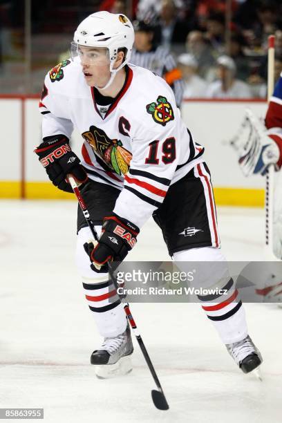 Jonathan Toews of the Chicago Blackhawks skates during the NHL game against the Montreal Canadiens at the Bell Centre on March 31, 2009 in Montreal,...