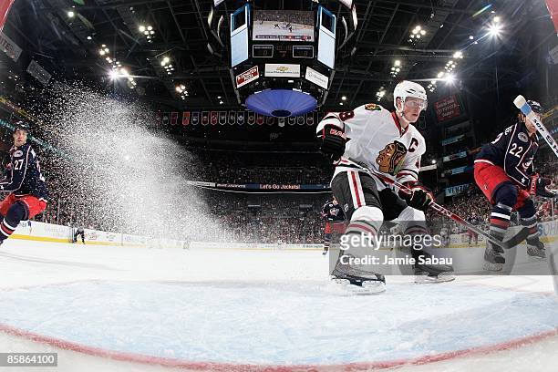Forward Jonathan Toews of the Chicago Blackhawks skates against the Columbus Blue Jackets on April 5, 2009 at Nationwide Arena in Columbus, Ohio. The...