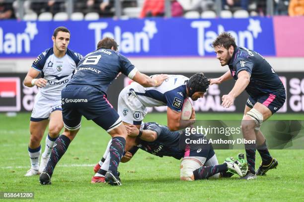 Alexandre Dumoulin of Montpellier and Paul Gabrillagues of Stade Francais during the Top 14 match between Stade Francais and Montpellier on October...