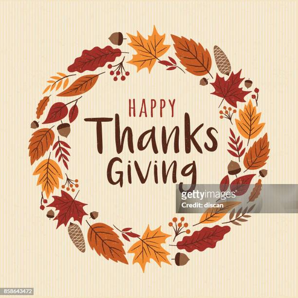 stockillustraties, clipart, cartoons en iconen met happy thanksgiving-kaart met krans. - happy thanksgiving text