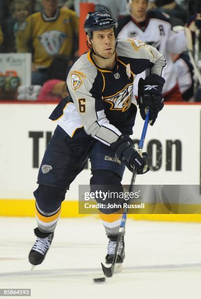 Shea Weber of the Nashville Predators skates against the Columbus Blue Jackets on April 4, 2009 at the Sommet Center in Nashville, Tennessee.