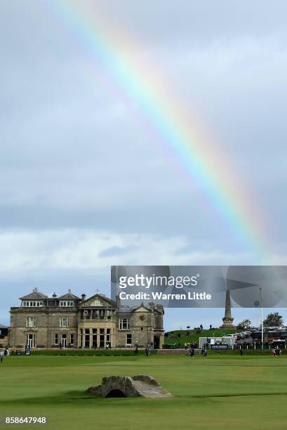 Rainbow is pictured over the 18th hole during day three of the 2017 Alfred Dunhill Championship at The Old Course on October 7, 2017 in St Andrews,...