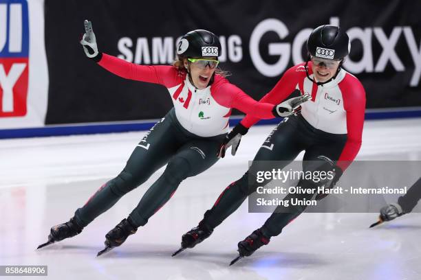 Marianne St Gelais of Canada celebrate after the Ladies 500m final race during the Audi ISU World Cup Short Track Speed Skating at Optisport...
