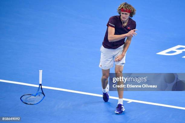 Alexander Zverev of Germany throws his racquet during his Men's singles semifinal match against Nick Kyrgios of Australia on day eight of 2017 China...