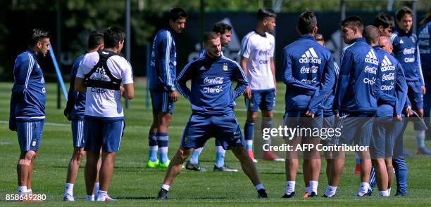 Argentina's footballers take part in a training session in Ezeiza, Buenos Aires on October 7, 2017 ahead of a 2018 FIFA World Cup South American...