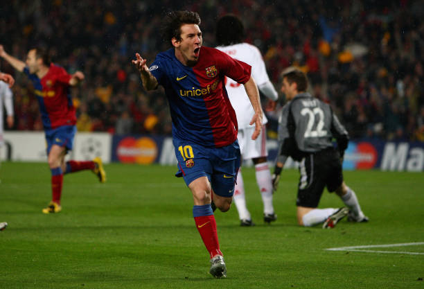 Lionel Messi of Barcelona celebrates his goal during the UEFA Champions League quarter final first leg match between FC Barcelona and FC Bayern...