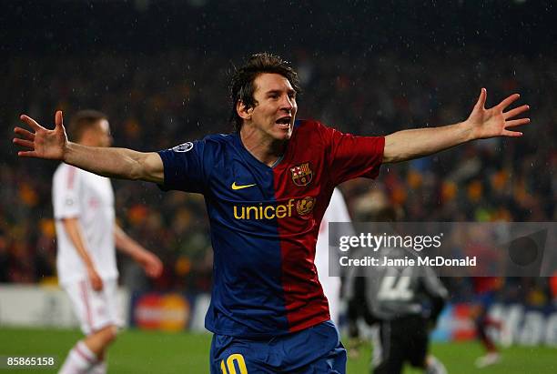 Lionel Messi of Barcelona celebrates his goal during the UEFA Champions League quarter final first leg match between FC Barcelona and FC Bayern...