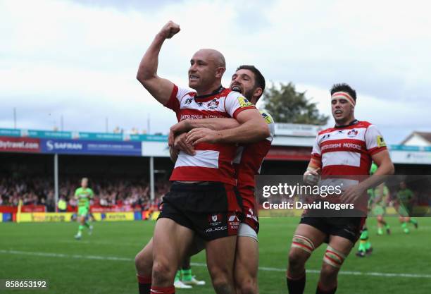 Willi Heinz of Gloucester celebrates after scoring their fifth try during the Aviva Premiership match between Gloucester Rugby and Northampton Saints...