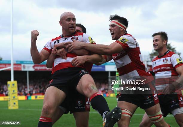 Willi Heinz of Gloucester celebrates after scoring their fifth try during the Aviva Premiership match between Gloucester Rugby and Northampton Saints...