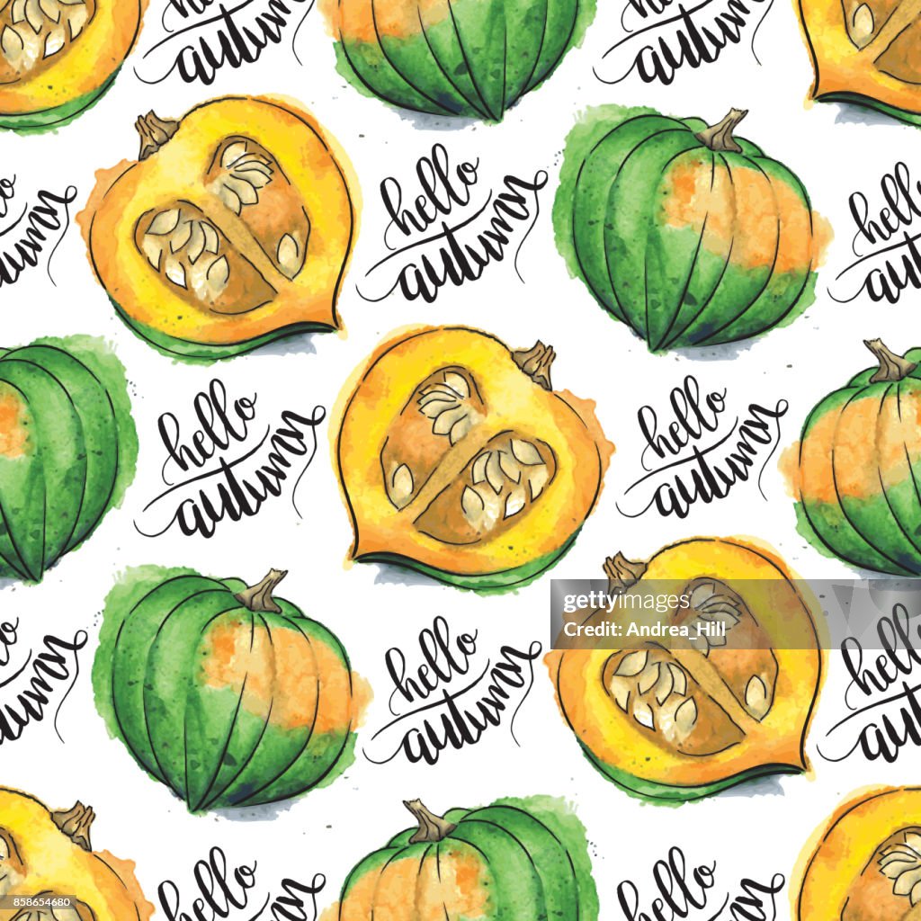 Acorn Squash Watercolor Vector Seamless Pattern With "hello autumn" Calligraphic Text