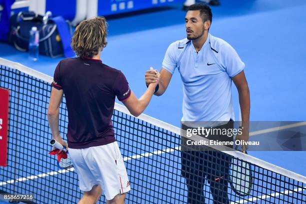 Nick Kyrgios of Australia and Alexander Zverev of Germany greet each other after their Men's singles semifinal match on day eight of 2017 China Open...