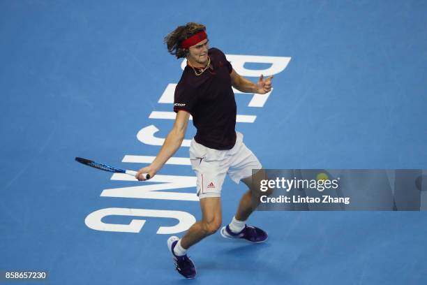 Alexander Zverev of Germany returns a shot against Nick Kyrgios of Australia during the Men's singles Semifinals on day eight of 2017 China Open at...