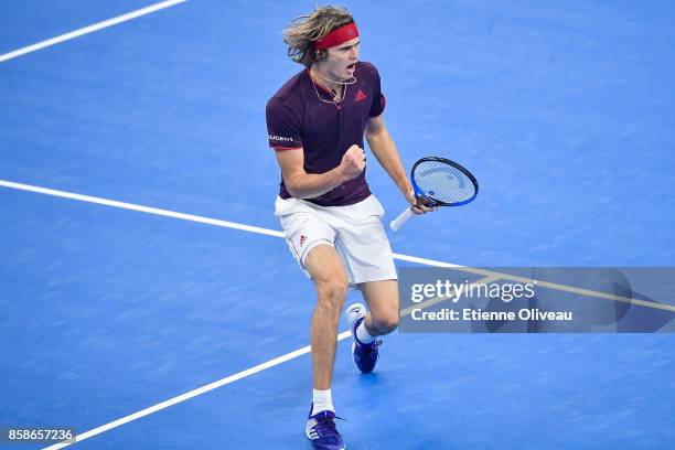 Alexander Zverev of Germany reacts during his Men's singles semifinal match against Nick Kyrgios of Australia on day eight of 2017 China Open at the...