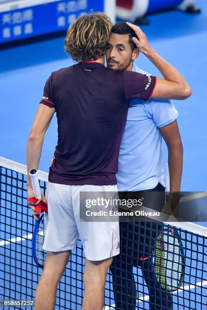 Nick Kyrgios of Australia and Alexander Zverev of Germany greet each other after their Men's singles semifinal match on day eight of 2017 China Open...