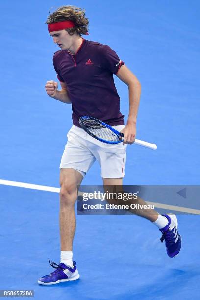 Alexander Zverev of Germany reacts during his Men's singles semifinal match against Nick Kyrgios of Australia on day eight of 2017 China Open at the...