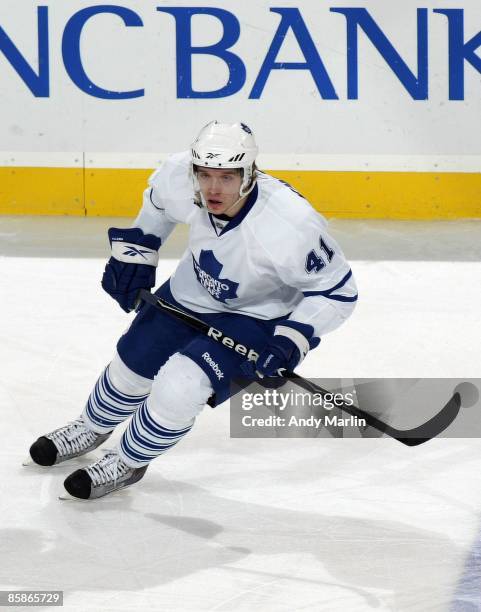 Nikolai Kulemin of the Toronto Maple Leafs skates against the New Jersey Devils at the Prudential Center on April 7, 2009 in Newark, New Jersey. The...