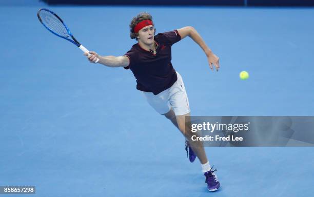 Alexander Zverev of Germany returns a shot against Nick Kyrgios of Australia during the Men's singles Semifinals on day eight of 2017 China Open at...