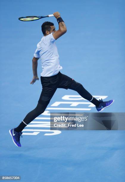 Nick Kyrgios of Australia returns a shot against Alexander Zverev of Germany during the Men's singles Semifinals on day eight of 2017 China Open at...