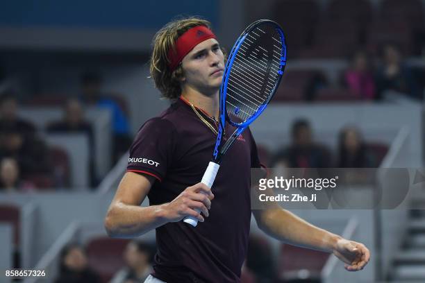 Alexander Zverev of Germany reacts during the Men's Semifinals match against Nick Kyrgios of Australia on day eight of the 2017 China Open at the...