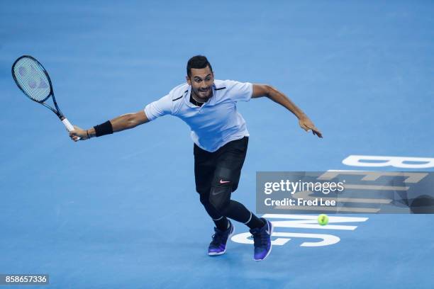 Nick Kyrgios of Australia returns a shot against Alexander Zverev of Germany during the Men's singles Semifinals on day eight of 2017 China Open at...