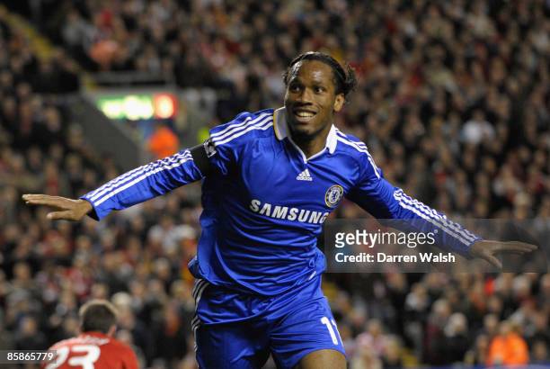 Didier Drogba of Chelsea celebrates scoring his team's third goal during the UEFA Champions League Quarter Final First Leg match between Liverpool...