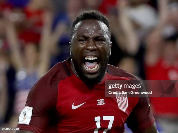 Jozy Altidore of the United States reacts to a goal during the final round qualifying match against Panama for the 2018 FIFA World Cup at Orlando...
