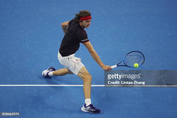 Alexander Zverev of Germany returns a shot against Nick Kyrgios of Australia during the Men's singles Semifinals on day eight of 2017 China Open at...