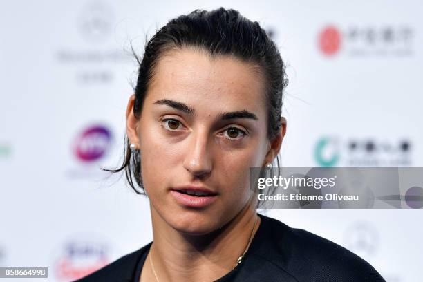 Caroline Garcia of France attends a press conference after her victory against Petra Kvitova of the Czech Republic on day eight of the 2017 China...