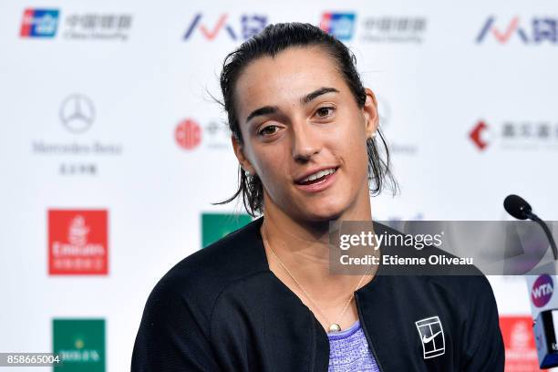 Caroline Garcia of France attends a press conference after her victory against Petra Kvitova of the Czech Republic on day eight of the 2017 China...
