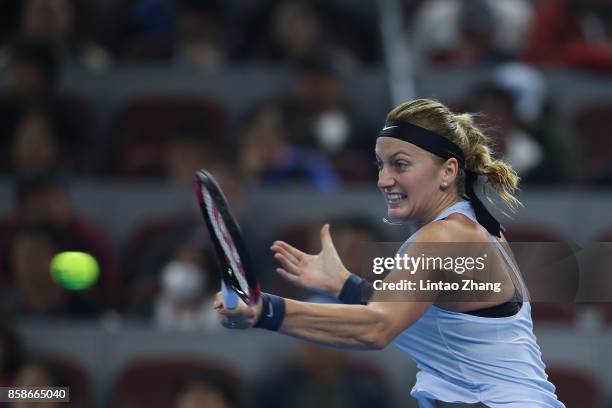 Petra Kvitova of the Czech Republic returns a shot during the Women's Singles Semifinals match against Caroline Garcia of France on day eight of 2017...