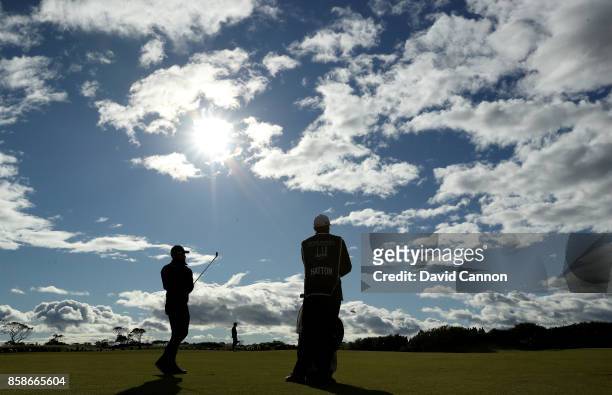 Tyrrell Hatton of England plays his third shot on the ninth hole during the third round of the 2017 Alfred Dunhill Links Championship on the...