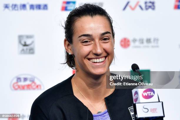 Caroline Garcia of France attends a press conference after her victory against Petra Kvitova of the Czech Republic on day eight of the 2017 China...