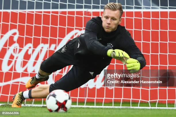 Bernd Leno of Germany safes tha ball during a training session at Opel Arena Mainz ahead of their FIFA 2018 World Cup Group C against Azerbaijan on...