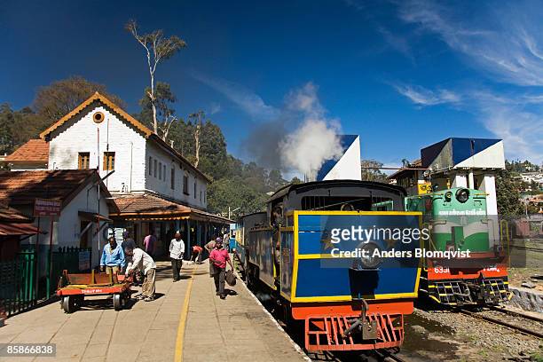 steam-powered miniature train at coonoor station. - miniature train stock pictures, royalty-free photos & images