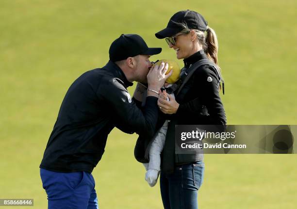 Ronan Keating of Ireland the musician greets his wife Storm Keating and their baby boy Cooper on the ninth hole during the third round of the 2017...