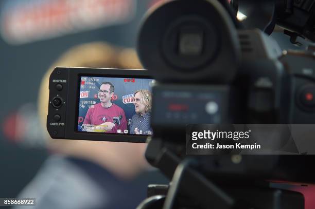 View of Matt Senreich and Tom Sheppard on the view screen of a video camera during the Robot Chicken Press Hour during New York Comic Con 2017 - JK...