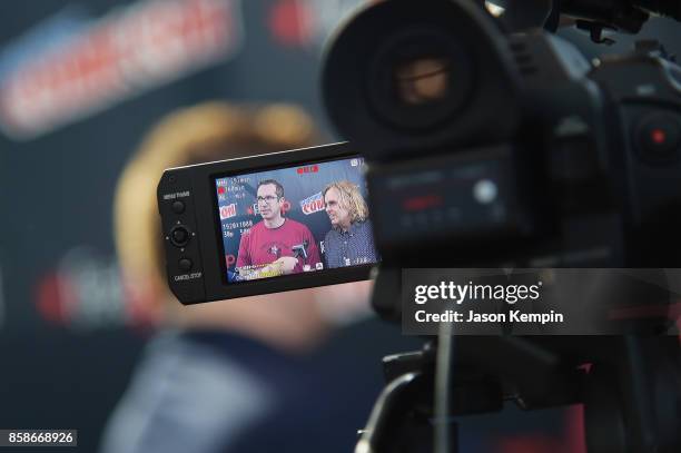 View of Matt Senreich and Tom Sheppard on the view screen of a video camera during the Robot Chicken Press Hour during New York Comic Con 2017 - JK...