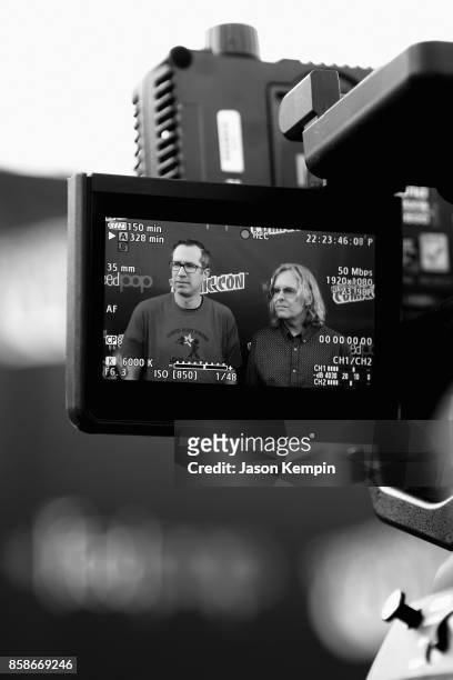 View of Matt Senreich and Tom Sheppard on the view screen of a video camera during the Robot Chicken Press Hour during New York Comic Con 2017 - JK...