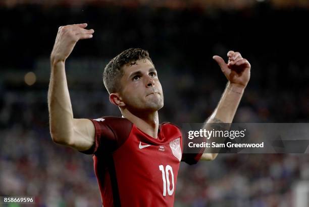 Christian Pulisic of the United States reacts after scoring a goal during the final round qualifying match against Panama for the 2018 FIFA World Cup...