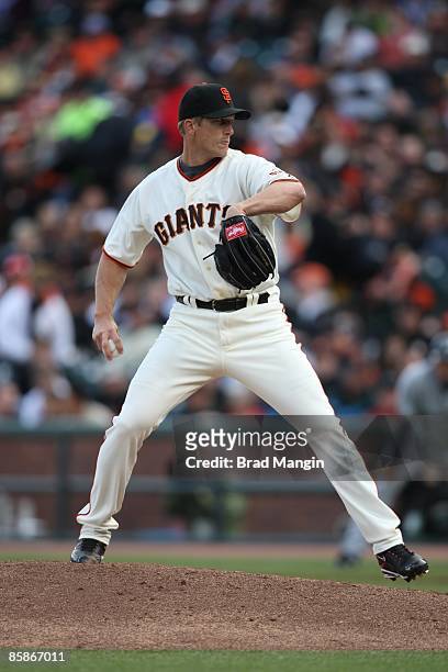 Bob Howry of the San Francisco Giants pitches during the game against the Milwaukee Brewers at AT&T Park in San Francisco, California on Tuesday,...