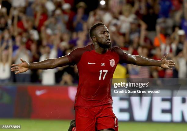 Jozy Altidore of the United States reacts to a goal during the final round qualifying match against Panama for the 2018 FIFA World Cup at Orlando...