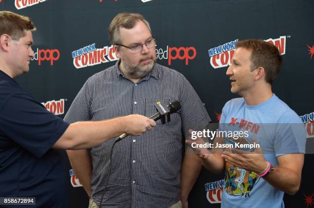 Tom Root and Breckin Meyer attend the Robot Chicken Press Hour during New York Comic Con 2017 - JK at Jacob K. Javits Convention Center on October 7,...